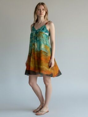 Nine West Silk Blend Watercolor Sunset Dress Size 4 Resort A-Line Mini Artsy
